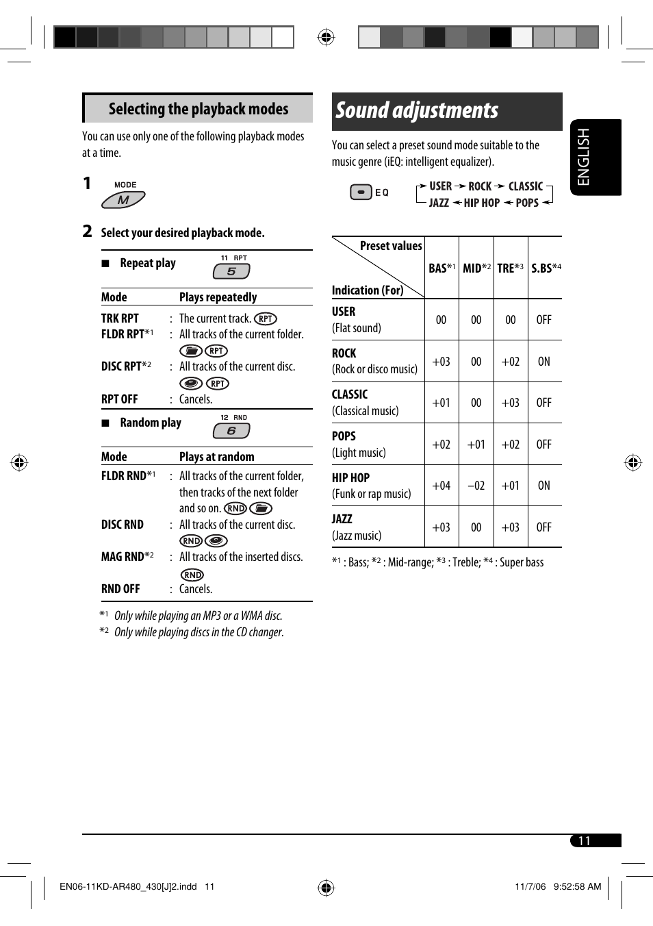 Sound adjustments, Selecting the playback modes, English | JVC KD-G430 User Manual | Page 11 / 80