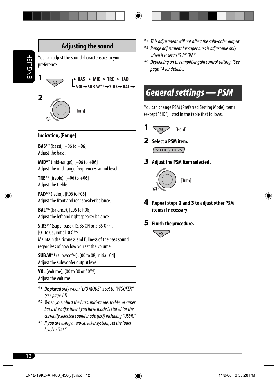 General settings — psm, Adjusting the sound, English | JVC KD-G430 User Manual | Page 12 / 80