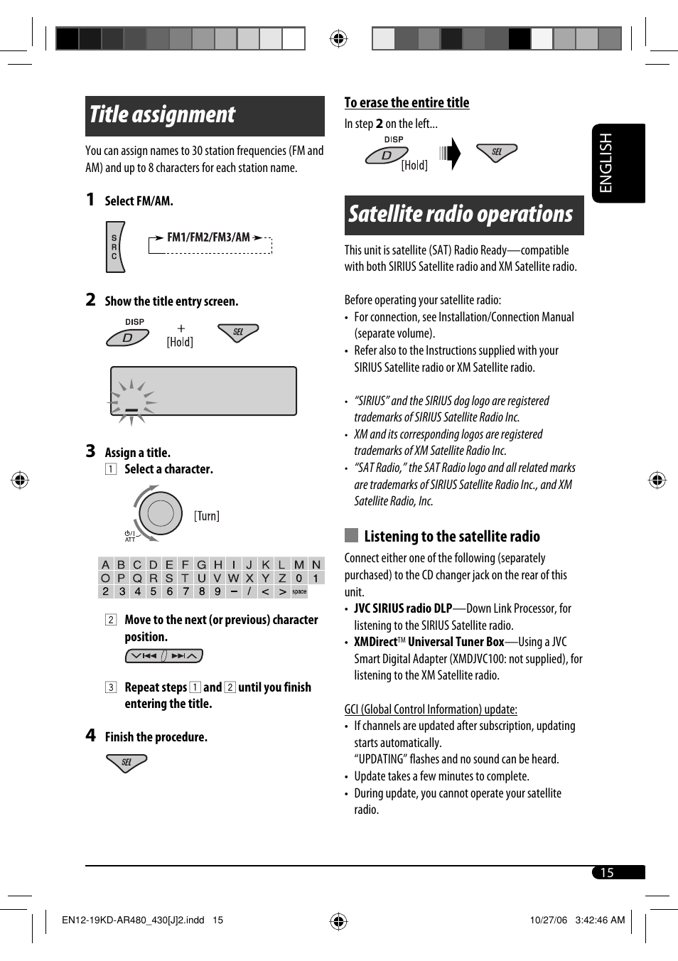 Satellite radio operations, Title assignment, English | Listening to the satellite radio | JVC KD-G430 User Manual | Page 15 / 80