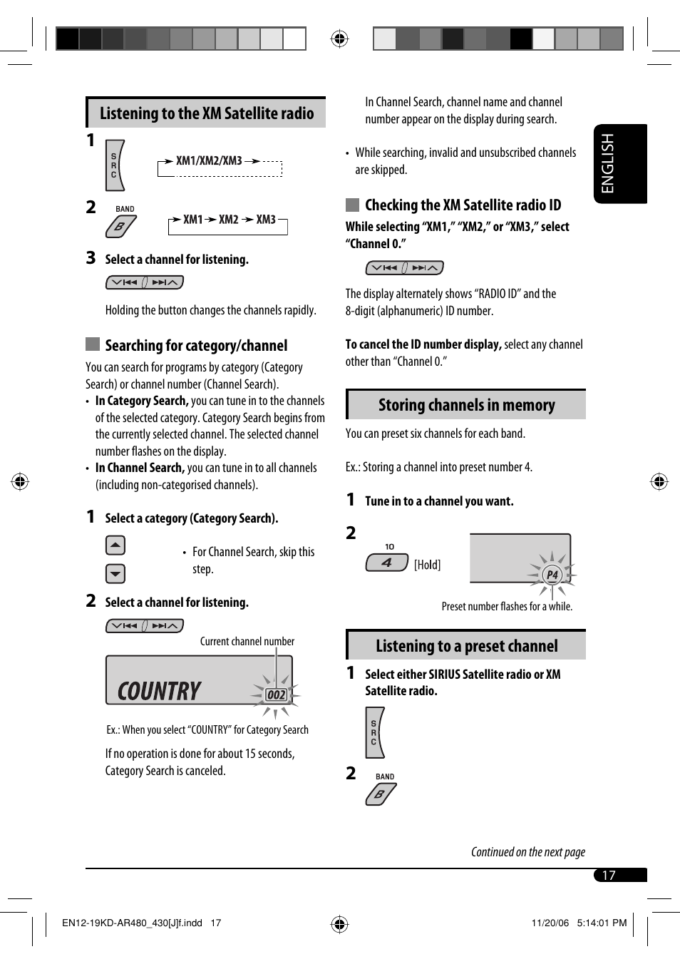 Listening to a preset channel, Listening to the xm satellite radio | JVC KD-G430 User Manual | Page 17 / 80