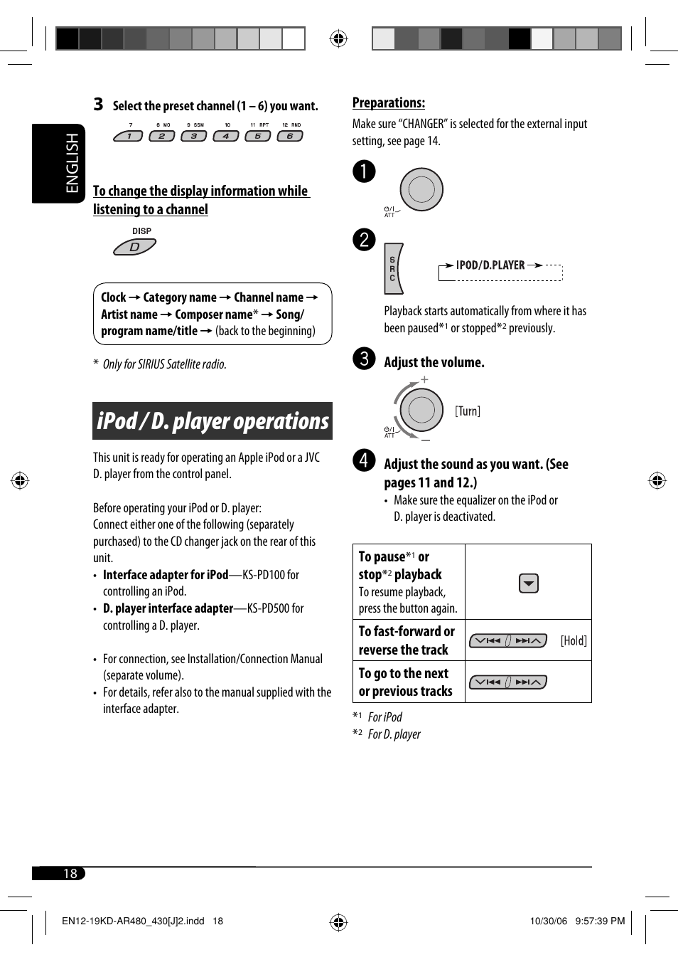 Ipod / d. player operations, English | JVC KD-G430 User Manual | Page 18 / 80