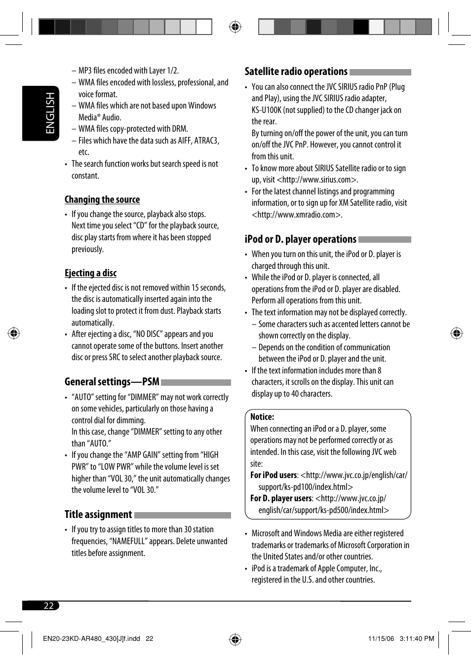 English, General settings—psm, Title assignment | Satellite radio operations, Ipod or d. player operations | JVC KD-G430 User Manual | Page 22 / 80