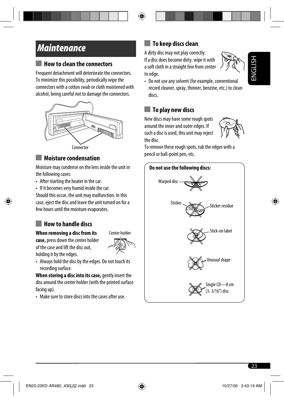 Maintenance, English, How to clean the connectors | Moisture condensation, How to handle discs | JVC KD-G430 User Manual | Page 23 / 80