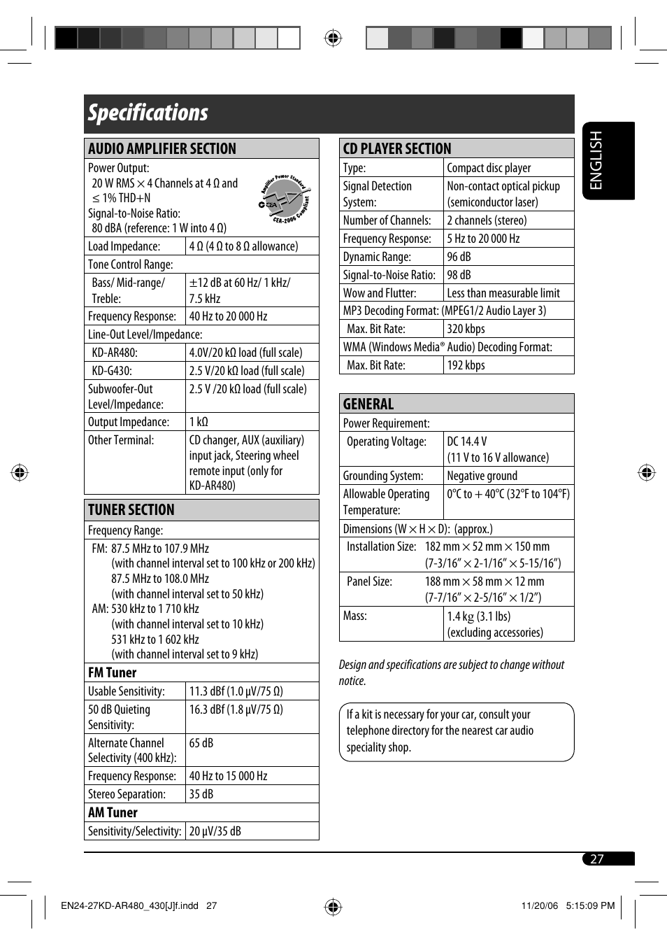 Specifications, English, General | JVC KD-G430 User Manual | Page 27 / 80