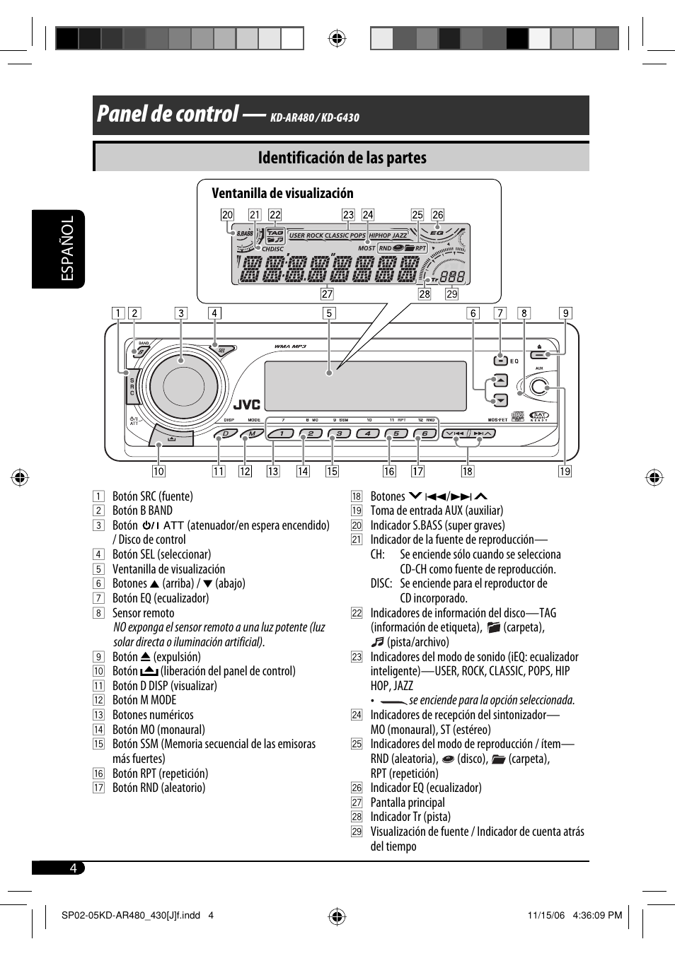 Panel de control, Identificación de las partes, Español | JVC KD-G430 User Manual | Page 30 / 80