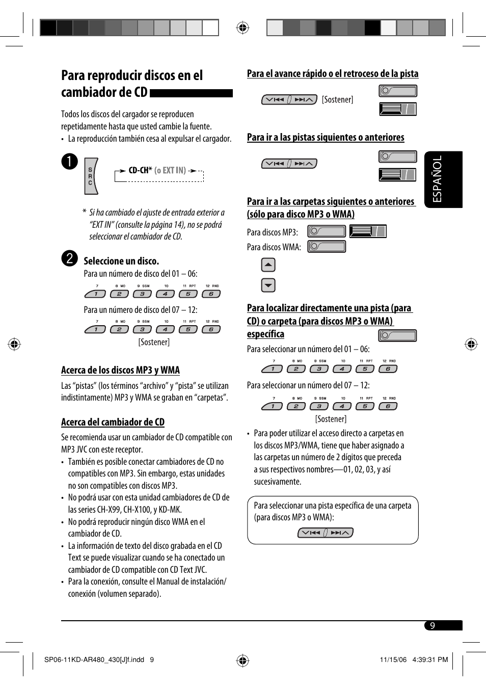 Para reproducir discos en el cambiador de cd | JVC KD-G430 User Manual | Page 35 / 80