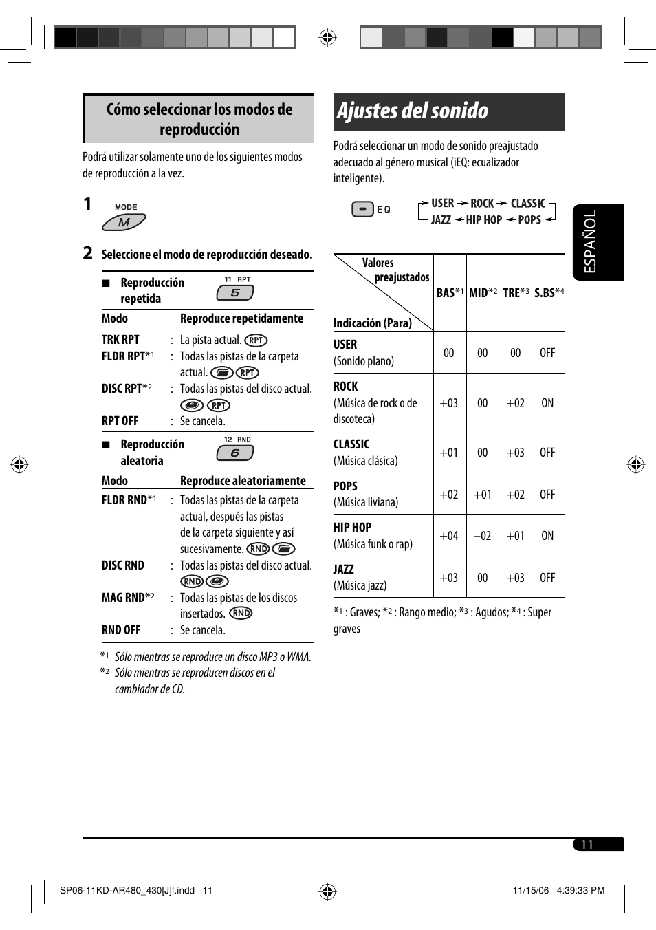 Ajustes del sonido, Cómo seleccionar los modos de reproducción, Español | JVC KD-G430 User Manual | Page 37 / 80