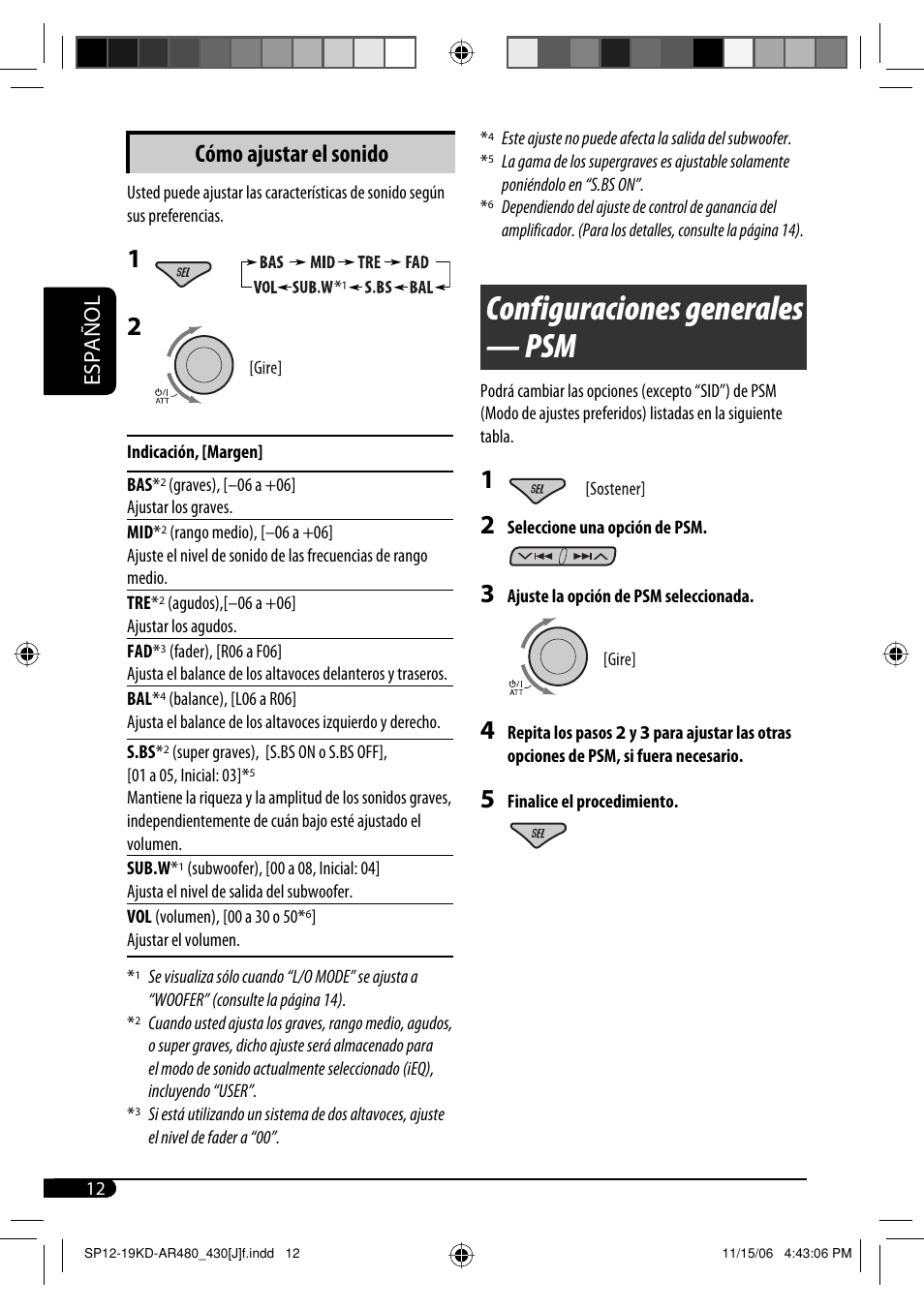 Configuraciones generales — psm, Cómo ajustar el sonido, Español | JVC KD-G430 User Manual | Page 38 / 80