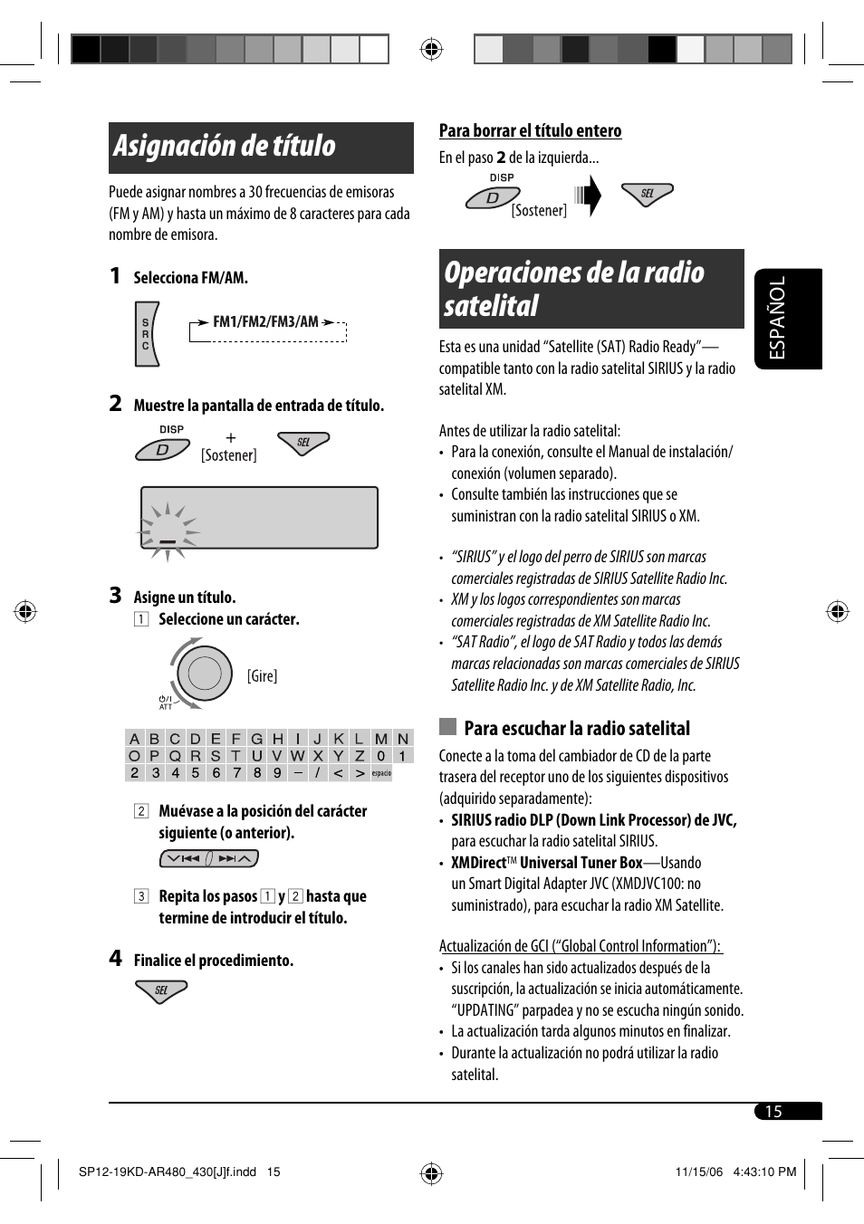 Operaciones de la radio satelital, Asignación de título, Español | Para escuchar la radio satelital | JVC KD-G430 User Manual | Page 41 / 80