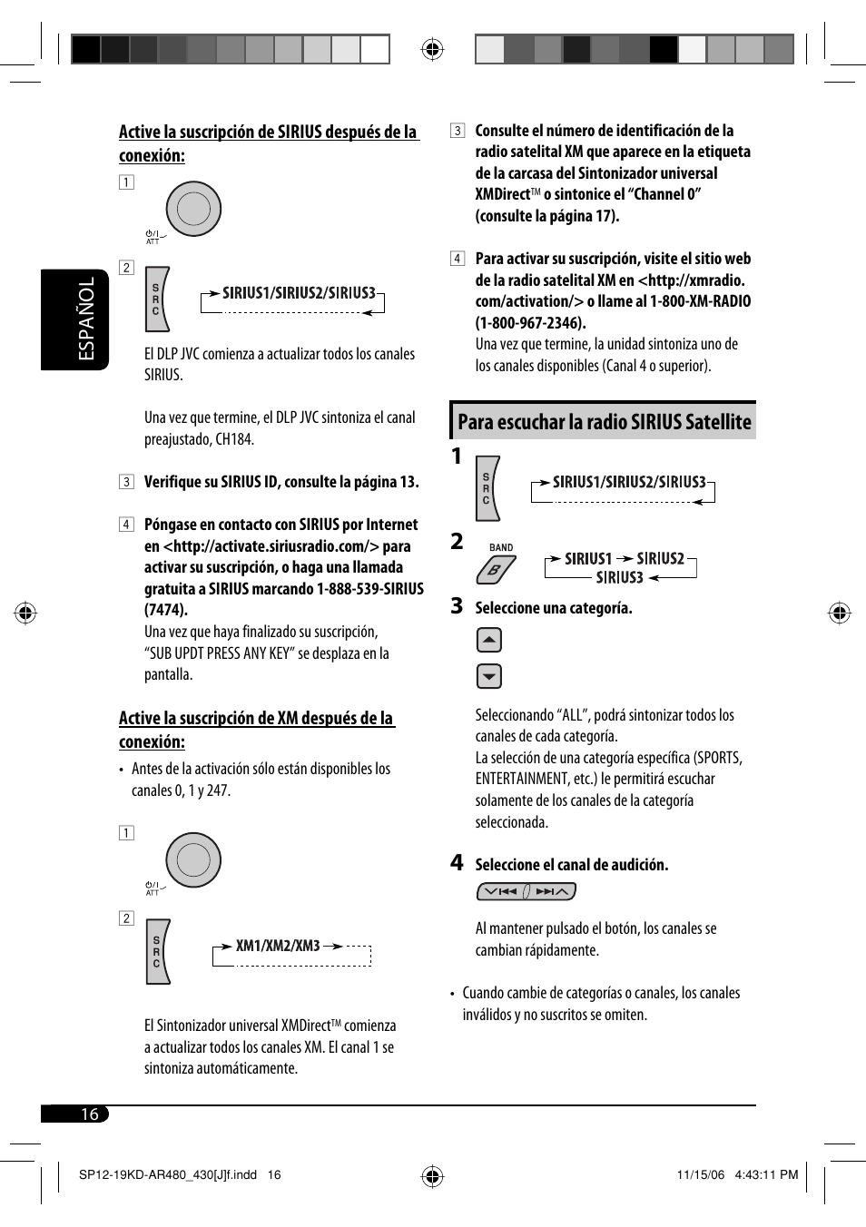 Para escuchar la radio sirius satellite, Español | JVC KD-G430 User Manual | Page 42 / 80