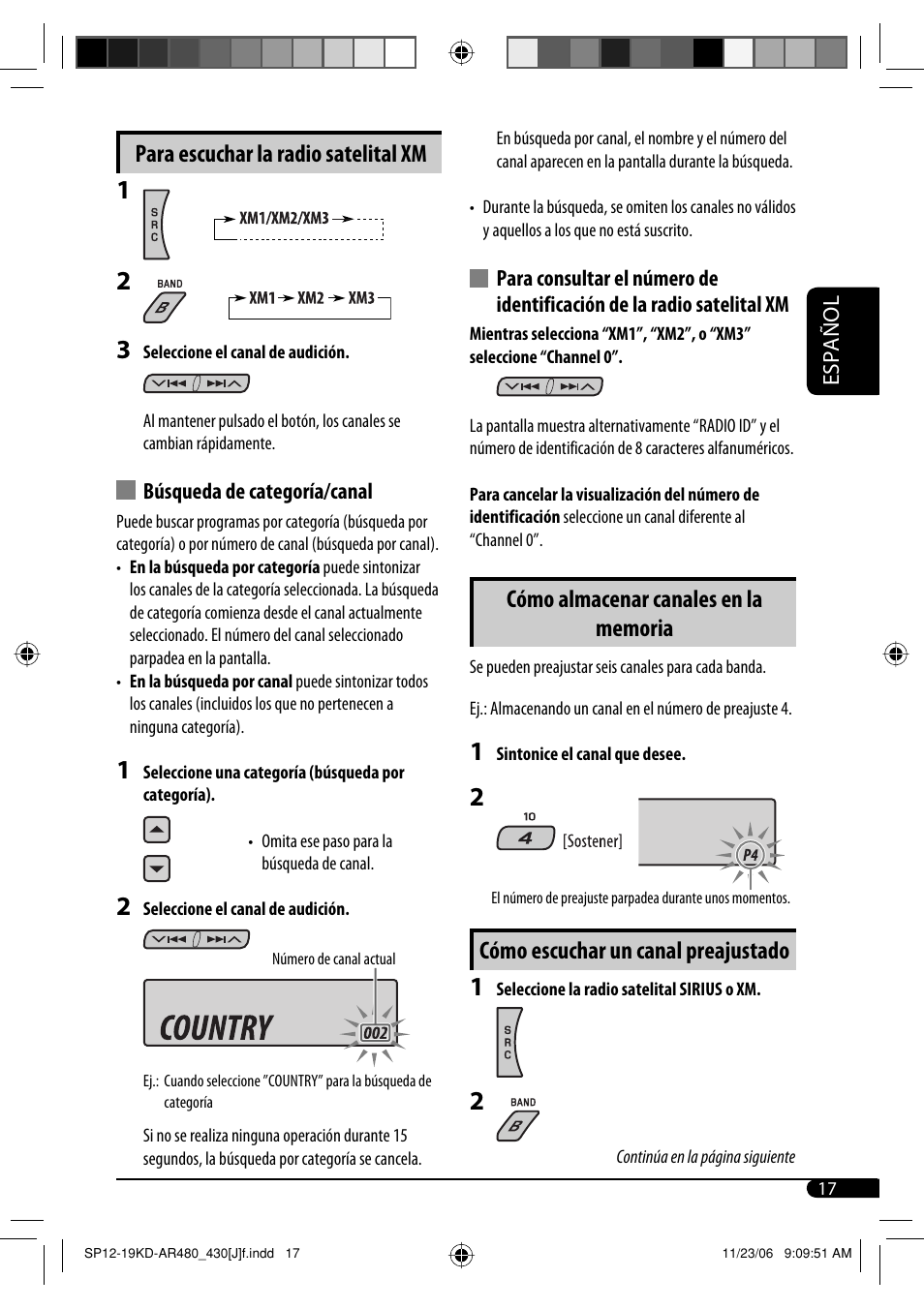 Cómo escuchar un canal preajustado, Para escuchar la radio satelital xm | JVC KD-G430 User Manual | Page 43 / 80