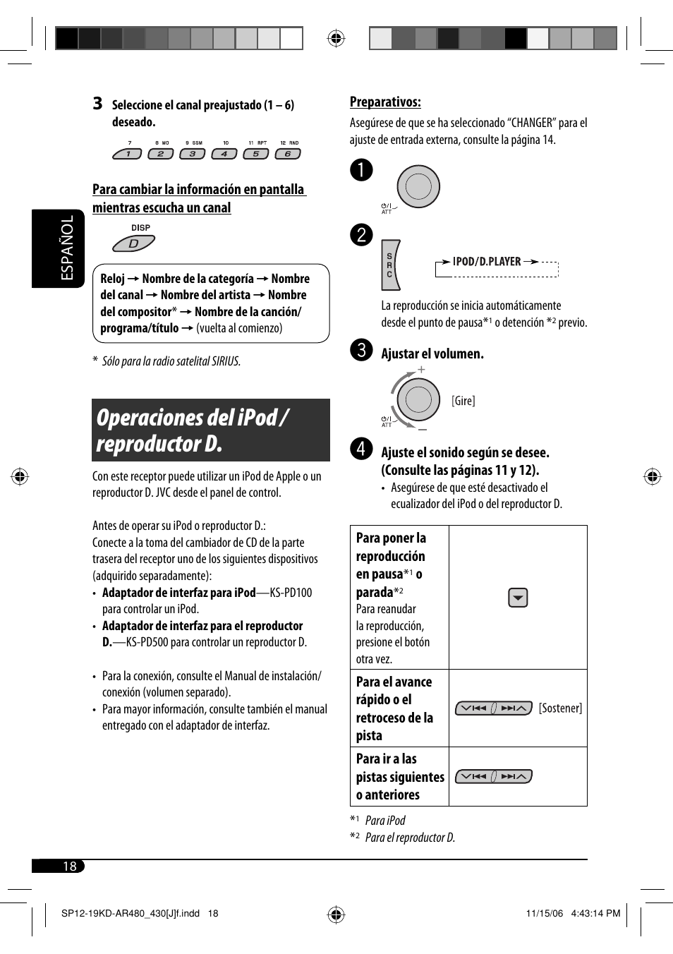 Operaciones del ipod / reproductor d, Español | JVC KD-G430 User Manual | Page 44 / 80