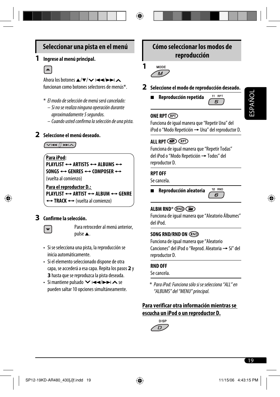 Cómo seleccionar los modos de reproducción, Seleccionar una pista en el menú, Español | JVC KD-G430 User Manual | Page 45 / 80