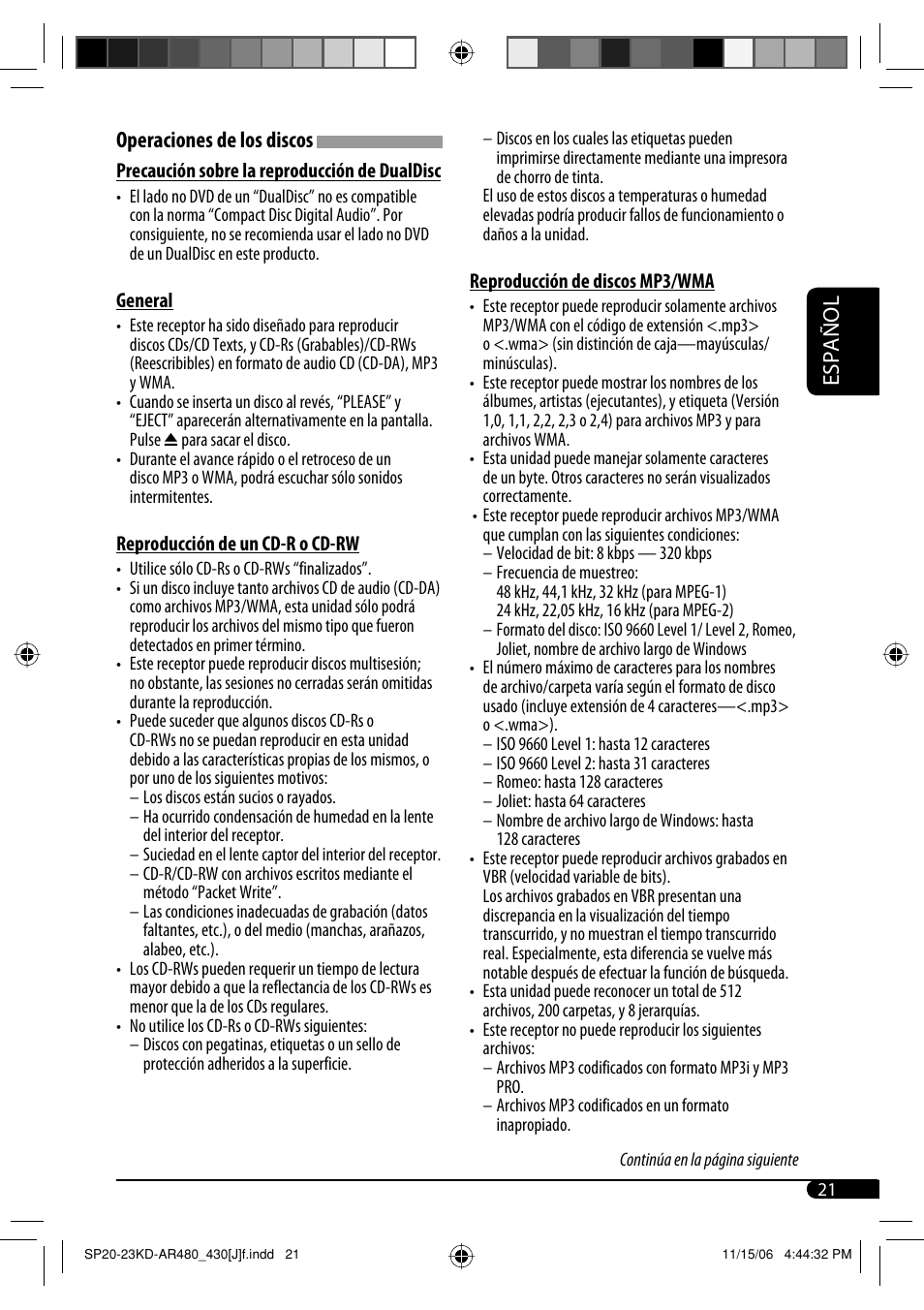 Español, Operaciones de los discos | JVC KD-G430 User Manual | Page 47 / 80