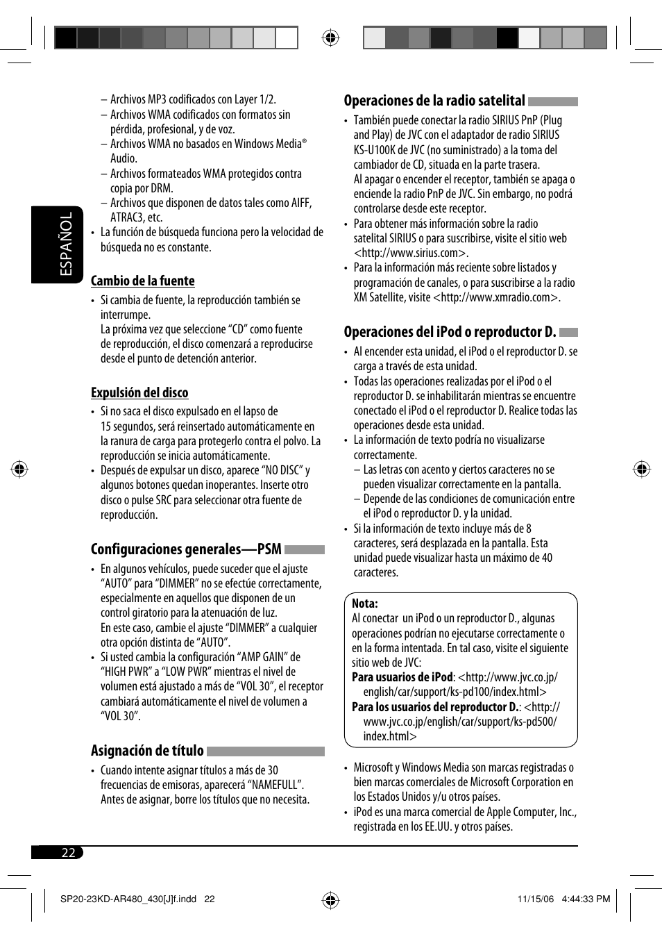 Español, Configuraciones generales—psm, Asignación de título | Operaciones de la radio satelital, Operaciones del ipod o reproductor d | JVC KD-G430 User Manual | Page 48 / 80