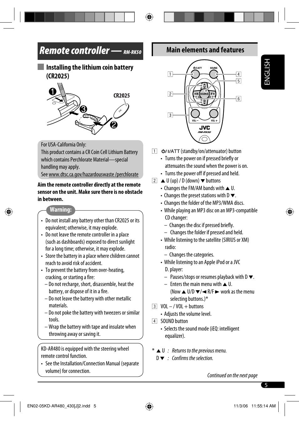 Remote controller, Main elements and features, English | Installing the lithium coin battery (cr2025) | JVC KD-G430 User Manual | Page 5 / 80