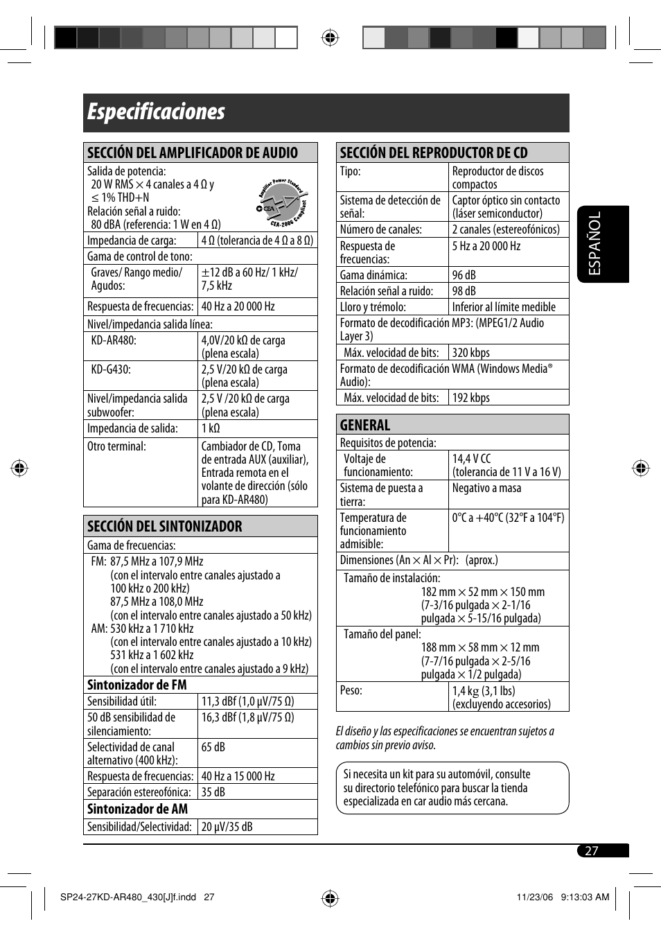 Especificaciones, Español, Sección del amplificador de audio | Sección del sintonizador, Sección del reproductor de cd, General | JVC KD-G430 User Manual | Page 53 / 80