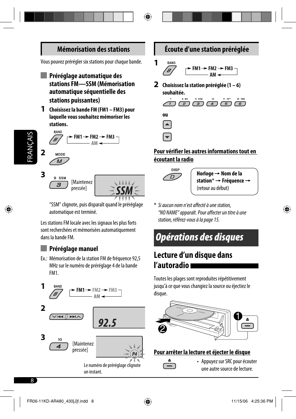 Opérations des disques, Lecture d’un disque dans l’autoradio, Écoute d’une station préréglée | Mémorisation des stations | JVC KD-G430 User Manual | Page 60 / 80