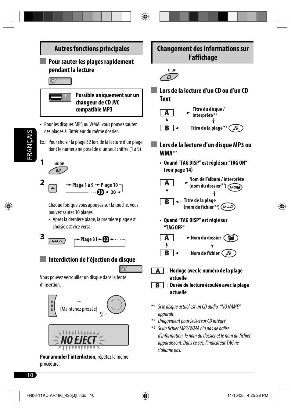 Changement des informations sur l’affichage, Autres fonctions principales, Français | Interdiction de l’éjection du disque | JVC KD-G430 User Manual | Page 62 / 80