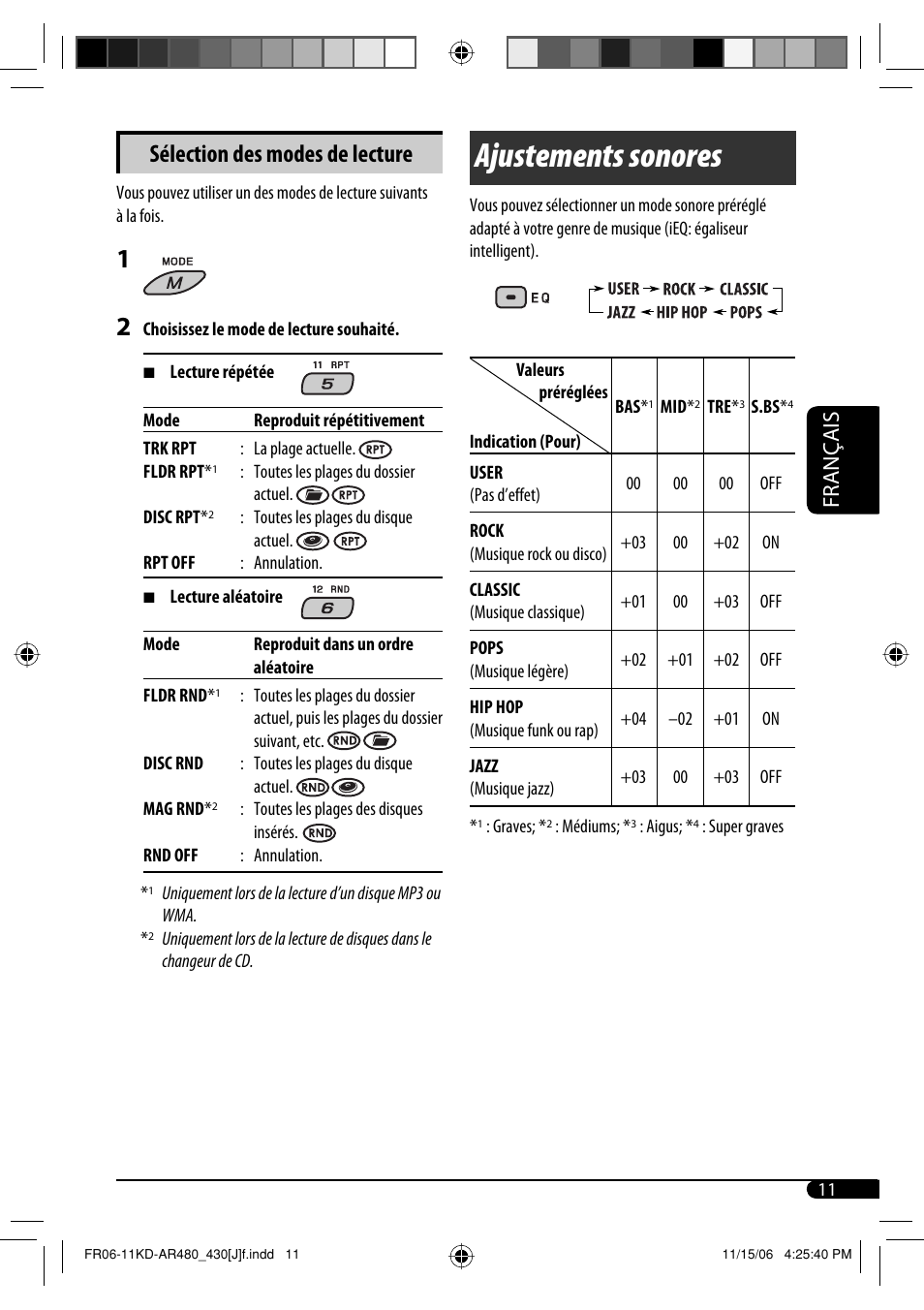 Ajustements sonores, Sélection des modes de lecture, Français | JVC KD-G430 User Manual | Page 63 / 80