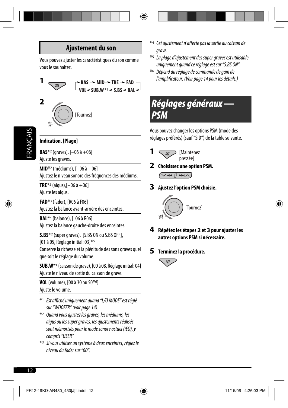 Réglages généraux — psm, Ajustement du son, Français | JVC KD-G430 User Manual | Page 64 / 80