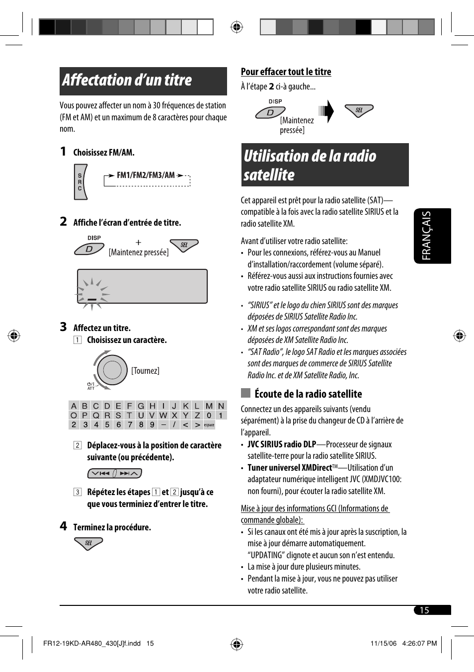 Utilisation de la radio satellite, Affectation d’un titre, Français | Écoute de la radio satellite | JVC KD-G430 User Manual | Page 67 / 80