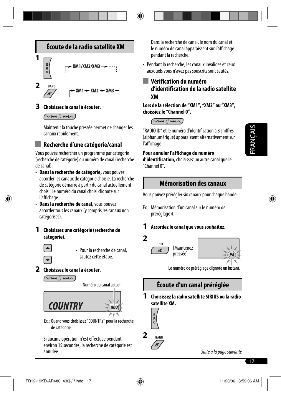 Mémorisation des canaux, Écoute d’un canal préréglée, Écoute de la radio satellite xm | JVC KD-G430 User Manual | Page 69 / 80