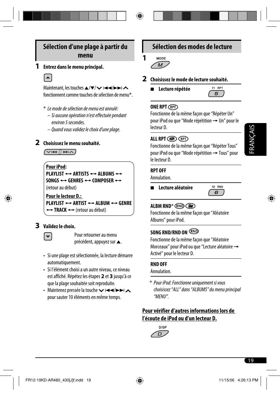 Sélection des modes de lecture, Sélection d’une plage à partir du menu, Français | JVC KD-G430 User Manual | Page 71 / 80