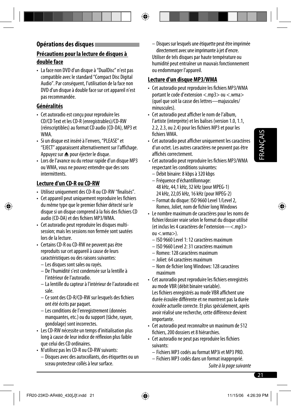 Français, Opérations des disques | JVC KD-G430 User Manual | Page 73 / 80