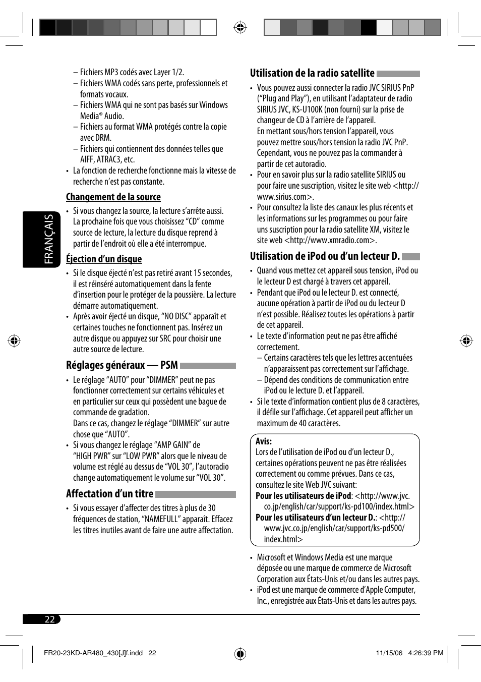 Français, Réglages généraux — psm, Affectation d’un titre | Utilisation de la radio satellite, Utilisation de ipod ou d’un lecteur d | JVC KD-G430 User Manual | Page 74 / 80