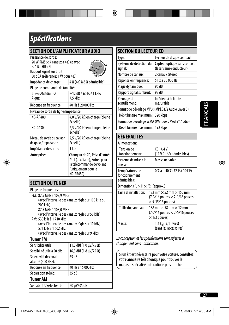 Spécifications, Français, Généralités | JVC KD-G430 User Manual | Page 79 / 80