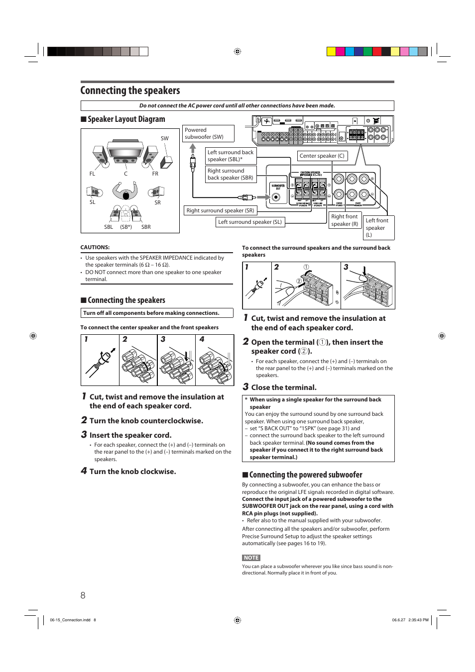 Connecting the speakers, 7 connecting the speakers, 7 speaker layout diagram | 7 connecting the powered subwoofer | JVC RX-D412BUJ User Manual | Page 10 / 58