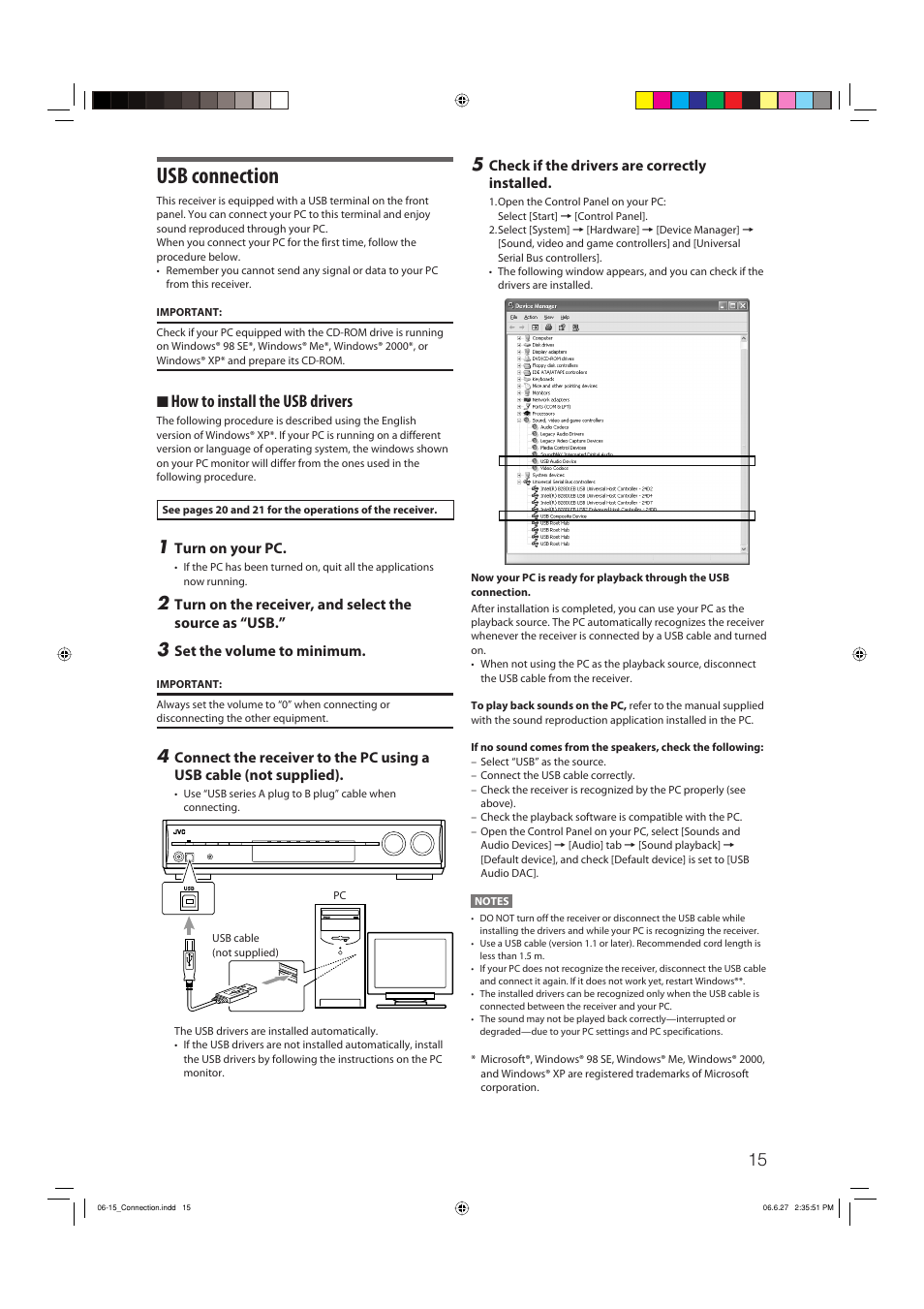 Usb connection, 7 how to install the usb drivers | JVC RX-D412BUJ User Manual | Page 17 / 58