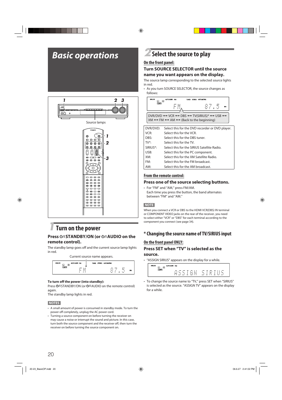 Basic operations, Turn on the power, Select the source to play | Changing the source name of tv/sirius input | JVC RX-D412BUJ User Manual | Page 22 / 58