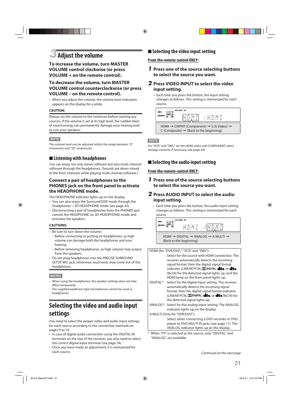 Adjust the volume, Selecting the video and audio input settings, 7 selecting the video input setting | 7 selecting the audio input setting, 7 listening with headphones | JVC RX-D412BUJ User Manual | Page 23 / 58