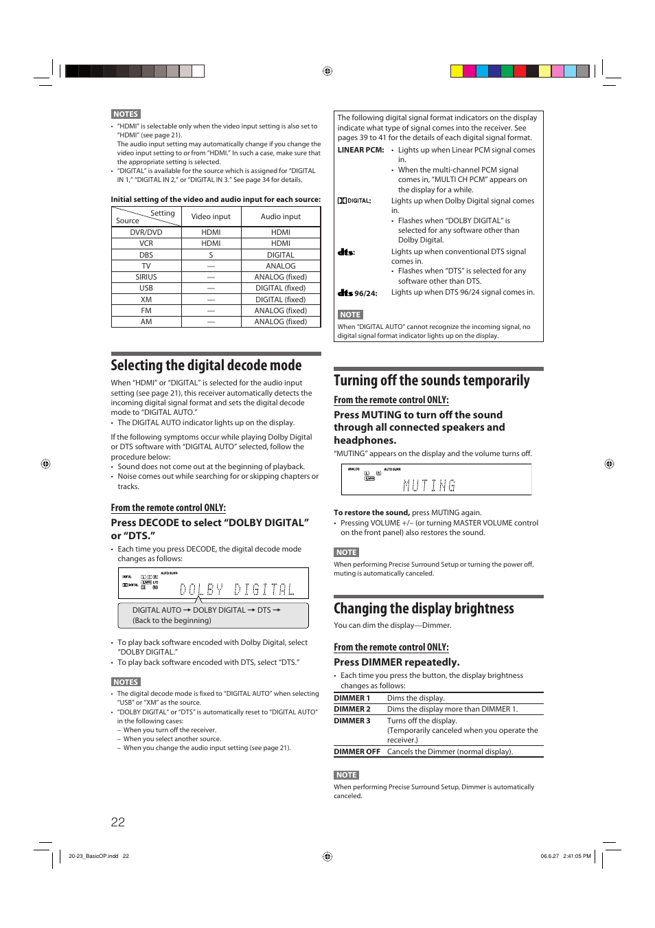 Selecting the digital decode mode, Turning off the sounds temporarily, Changing the display brightness | JVC RX-D412BUJ User Manual | Page 24 / 58