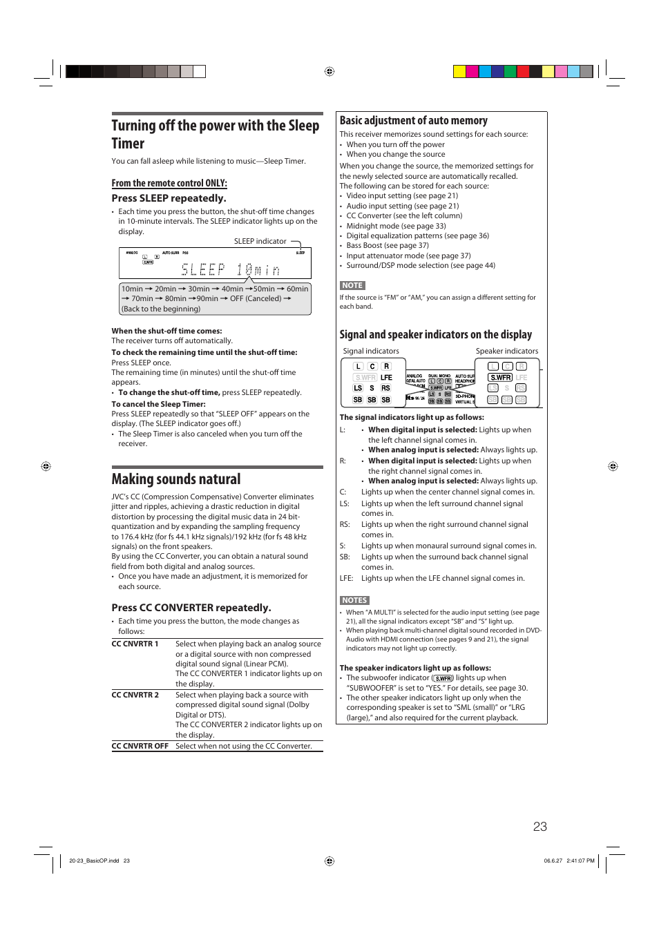 Turning off the power with the sleep timer, Making sounds natural, Signal and speaker indicators on the display | Press cc converter repeatedly | JVC RX-D412BUJ User Manual | Page 25 / 58