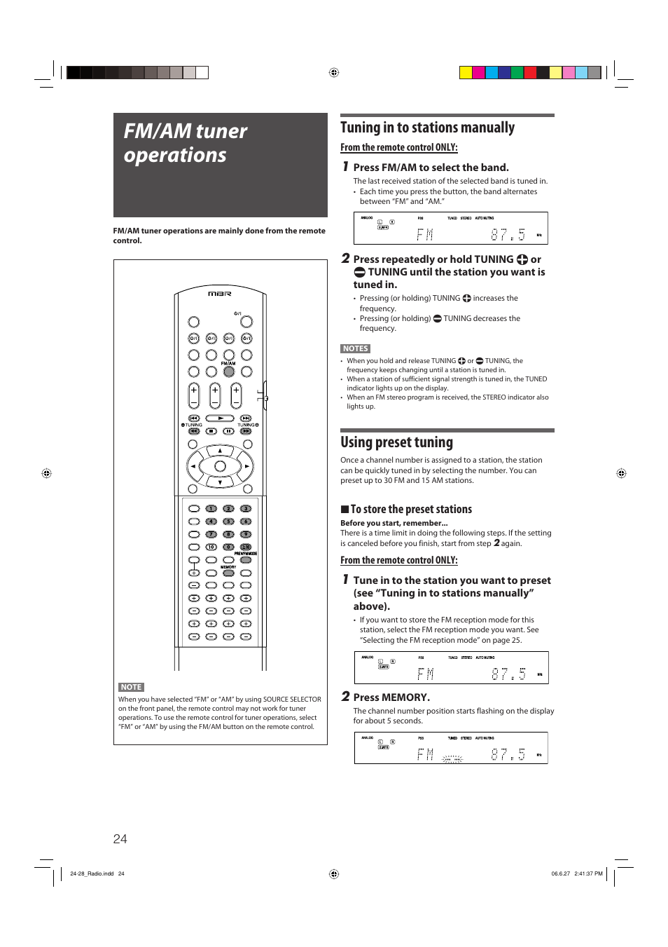 Fm/am tuner operations, Tuning in to stations manually, Using preset tuning | 7 to store the preset stations | JVC RX-D412BUJ User Manual | Page 26 / 58