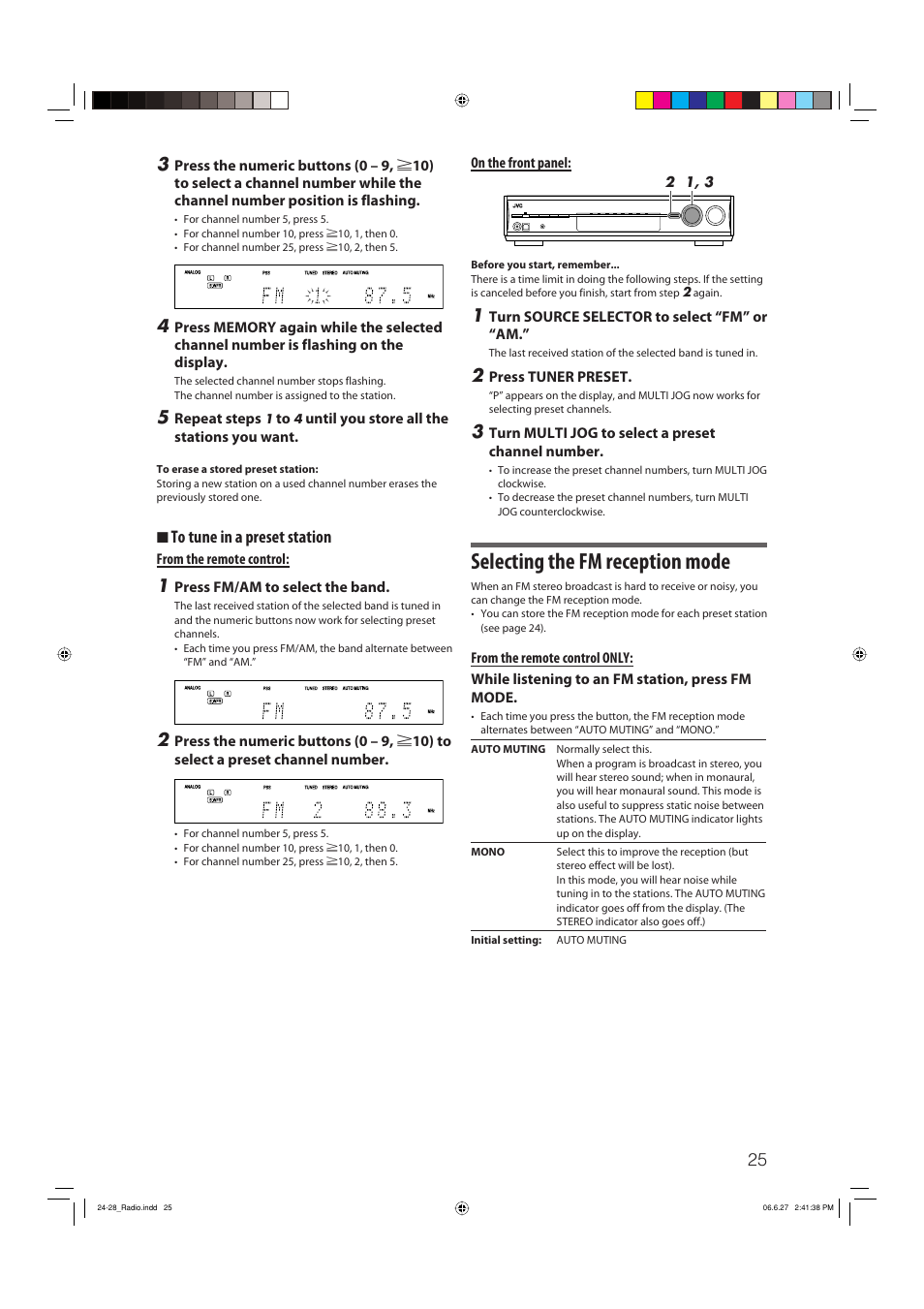 Selecting the fm reception mode, 7 to tune in a preset station | JVC RX-D412BUJ User Manual | Page 27 / 58