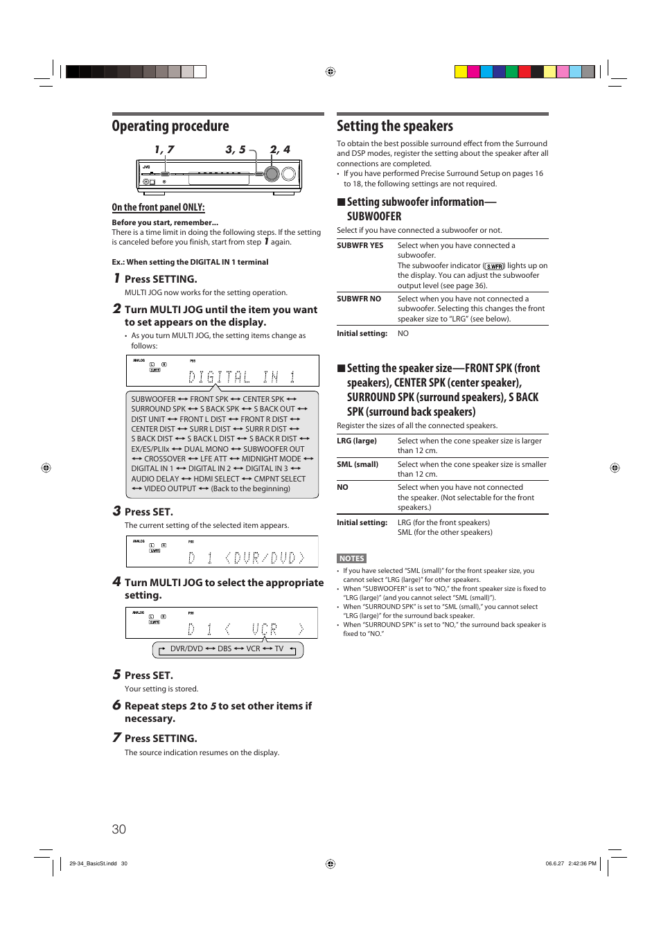 Operating procedure, Setting the speakers, 7 setting subwoofer information— subwoofer | JVC RX-D412BUJ User Manual | Page 32 / 58