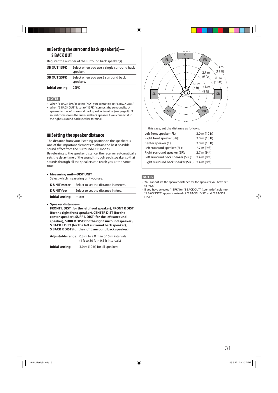 7 setting the surround back speaker(s)— s back out, 7 setting the speaker distance | JVC RX-D412BUJ User Manual | Page 33 / 58