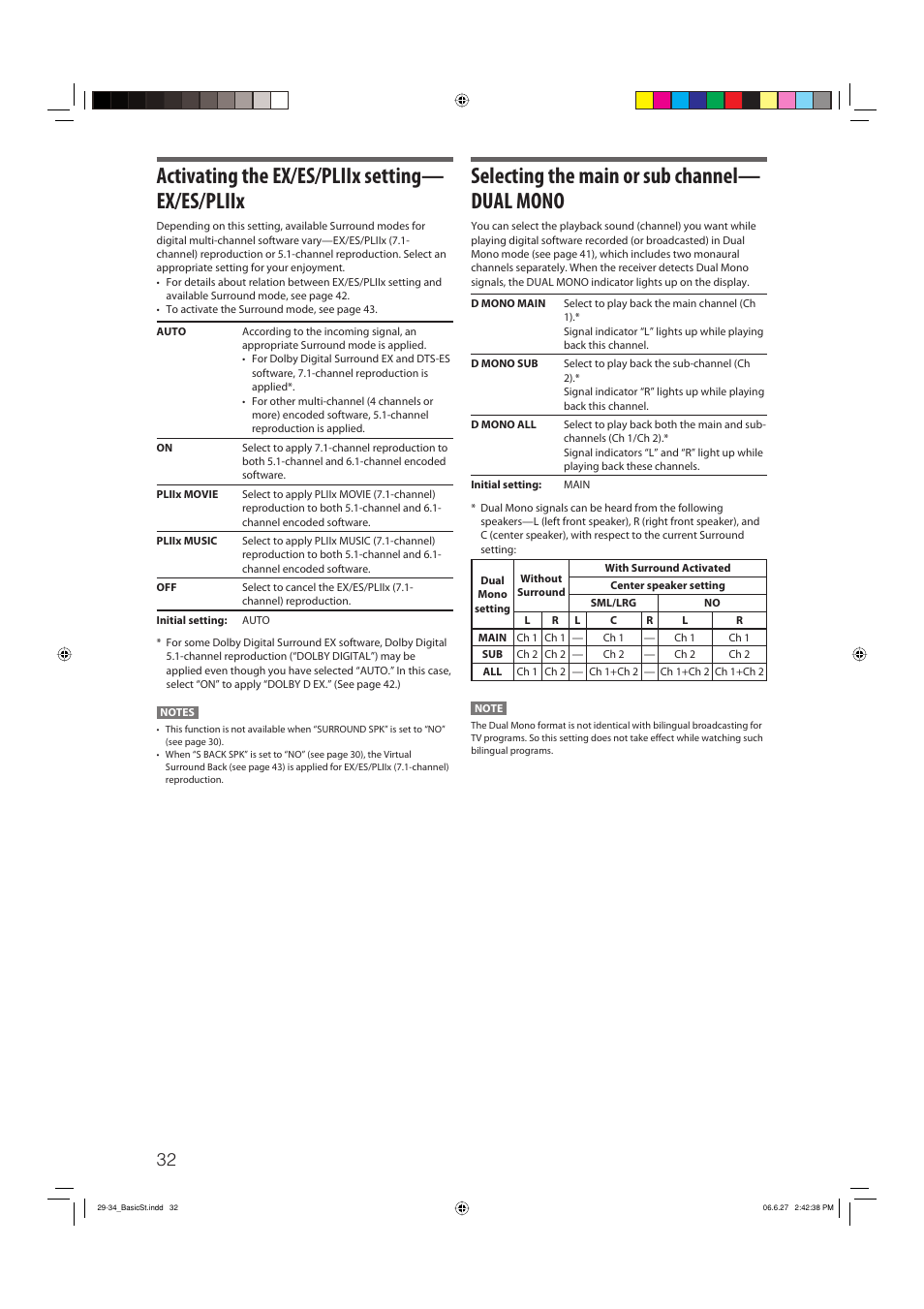 Activating the ex/es/pliix setting— ex/es/pliix, Selecting the main or sub channel— dual mono | JVC RX-D412BUJ User Manual | Page 34 / 58