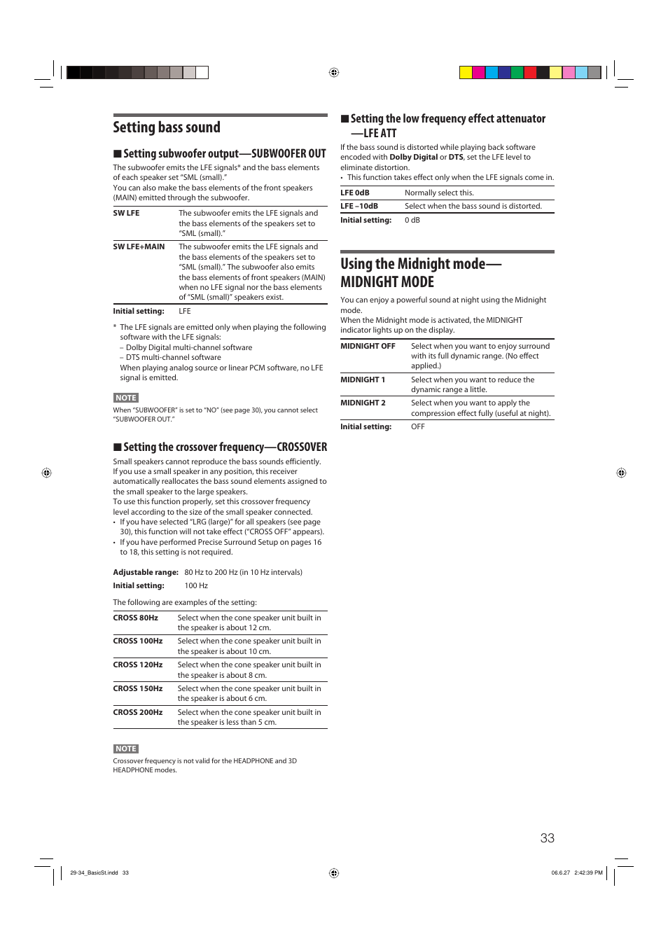 Setting bass sound, Using the midnight mode— midnight mode, 7 setting subwoofer output—subwoofer out | 7 setting the crossover frequency—crossover | JVC RX-D412BUJ User Manual | Page 35 / 58