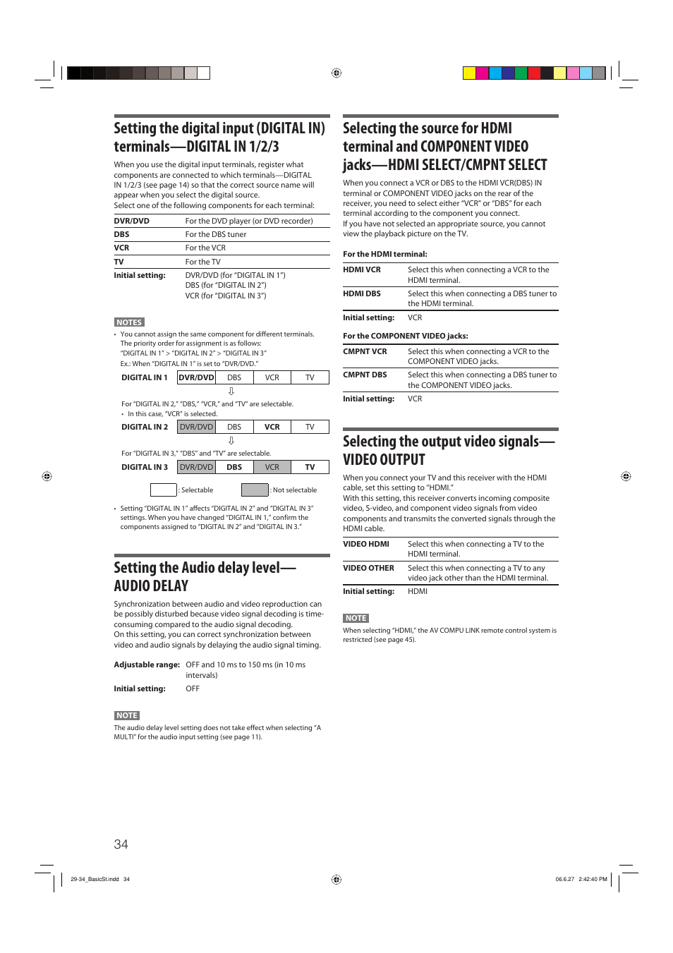 Setting the audio delay level— audio delay, Selecting the output video signals— video output | JVC RX-D412BUJ User Manual | Page 36 / 58