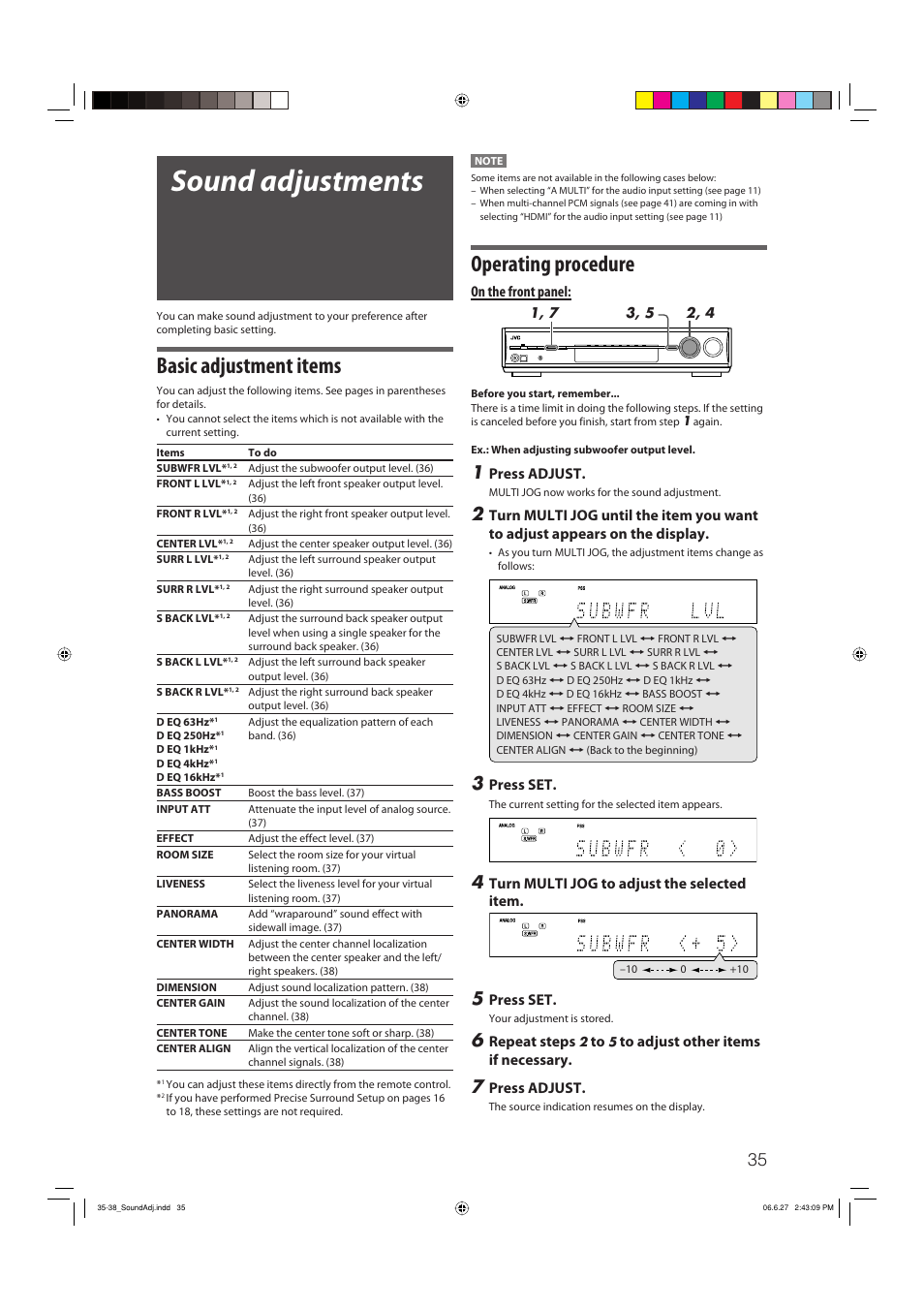 Sound adjustments, Operating procedure, Basic adjustment items | On the front panel, Press adjust, Press set, Turn multi jog to adjust the selected item, Repeat steps | JVC RX-D412BUJ User Manual | Page 37 / 58