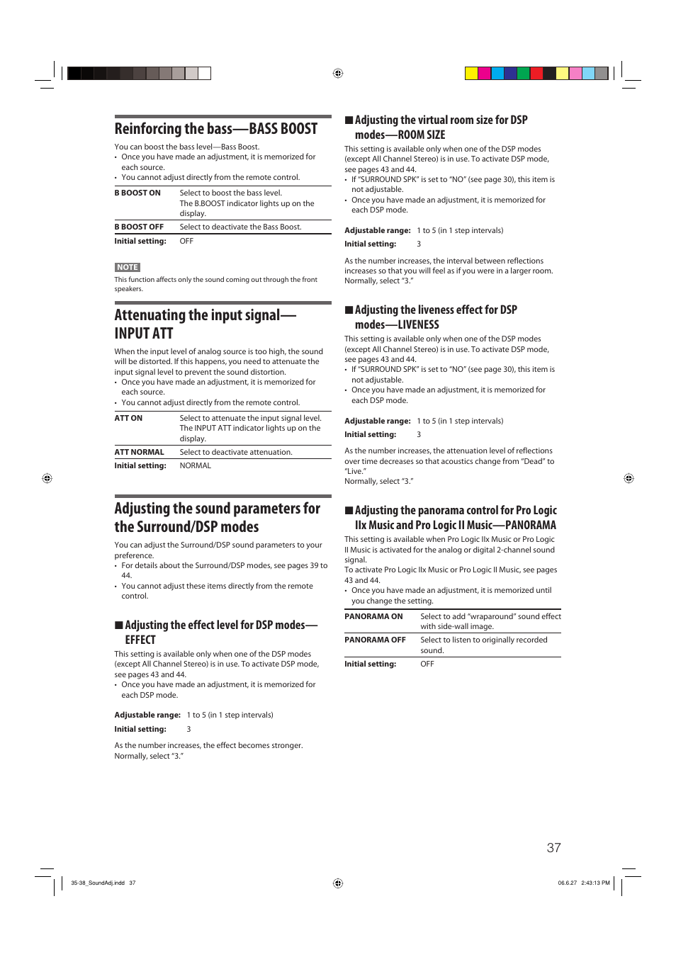 Reinforcing the bass—bass boost, Attenuating the input signal— input att, 7 adjusting the effect level for dsp modes— effect | JVC RX-D412BUJ User Manual | Page 39 / 58