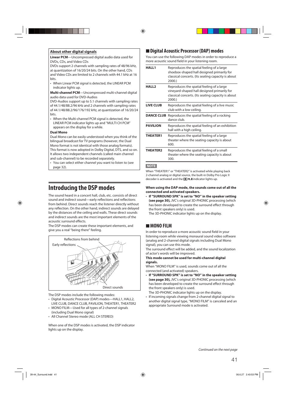 Introducing the dsp modes, 7 digital acoustic processor (dap) modes, 7 mono film | JVC RX-D412BUJ User Manual | Page 43 / 58