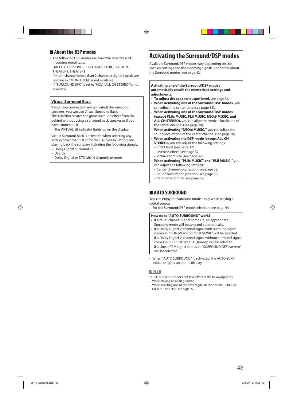 Activating the surround/dsp modes, 7 auto surround, 7 about the dsp modes | JVC RX-D412BUJ User Manual | Page 45 / 58