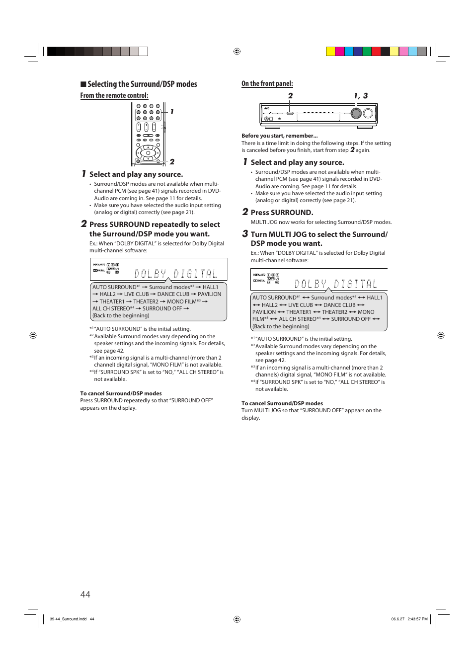 7 selecting the surround/dsp modes, Select and play any source, On the front panel | Press surround | JVC RX-D412BUJ User Manual | Page 46 / 58