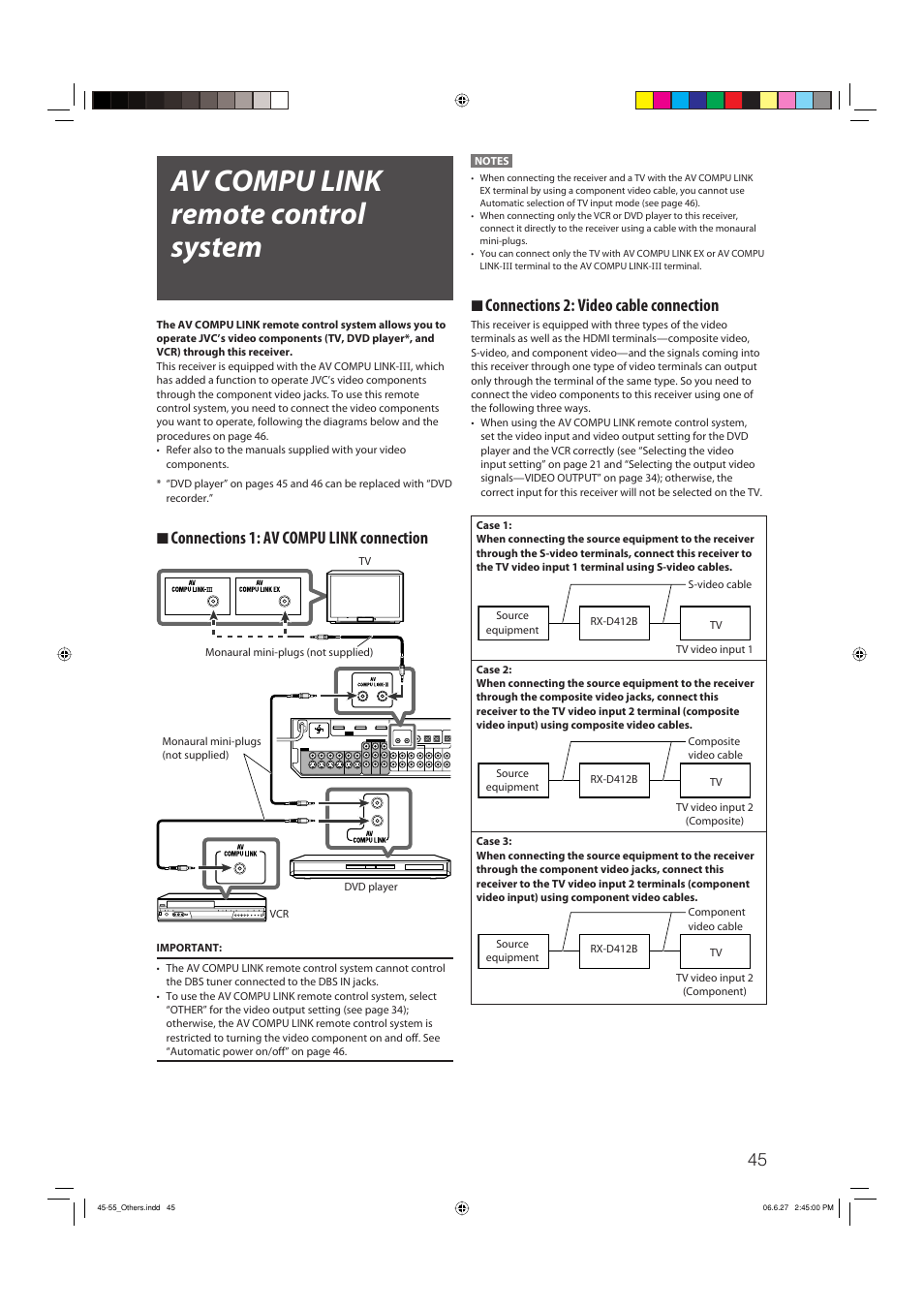 Av compu link remote control system, 7 connections 2: video cable connection, 7 connections 1: av compu link connection | JVC RX-D412BUJ User Manual | Page 47 / 58